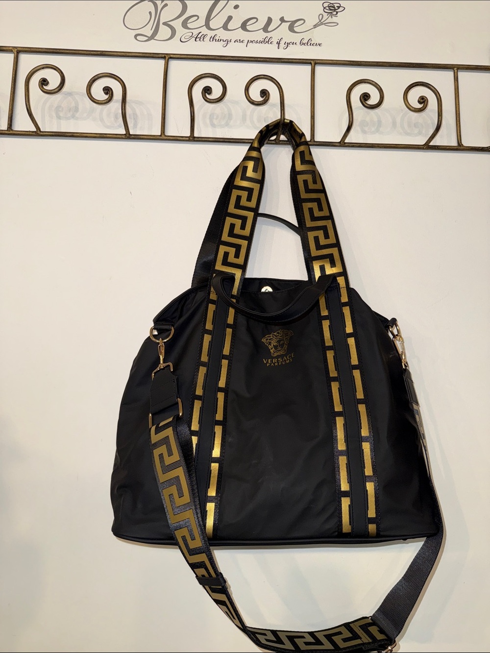 Versace Black and Gold Nylon Tote with Signature Greek Key Straps